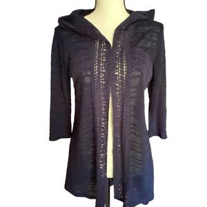 Open Front Navy Crochet Trim Lightweight Sweater